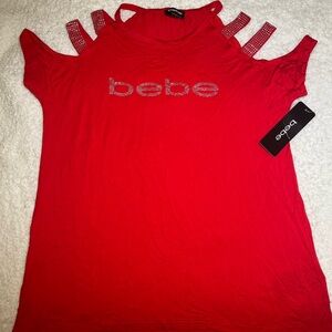 Red Bebe Top with Rhinestone Cut Out Sleeves for Women| Valentine’s Day Shirt